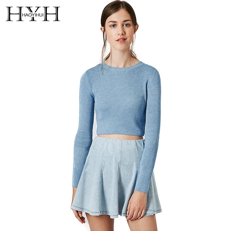 Haoyihui Long Sleeve Ribbing Brief Pullover Slim Sweater Crew O-Neck Soft Basic Crop Top 2018 New Fashion Women Sweaters | Женская