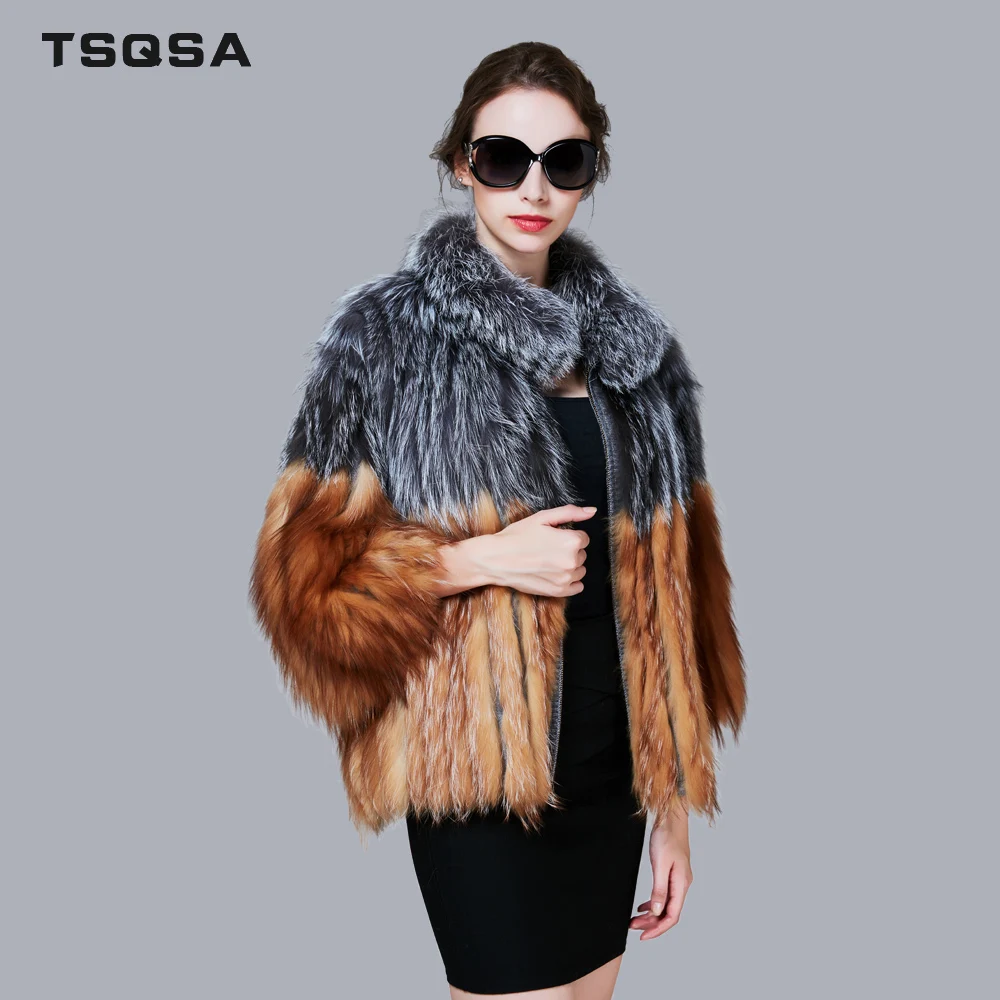 TSQSA Настоящее Silver Fox Шубы Женщин Качество Натурального Лоскутного Меха Тонкий