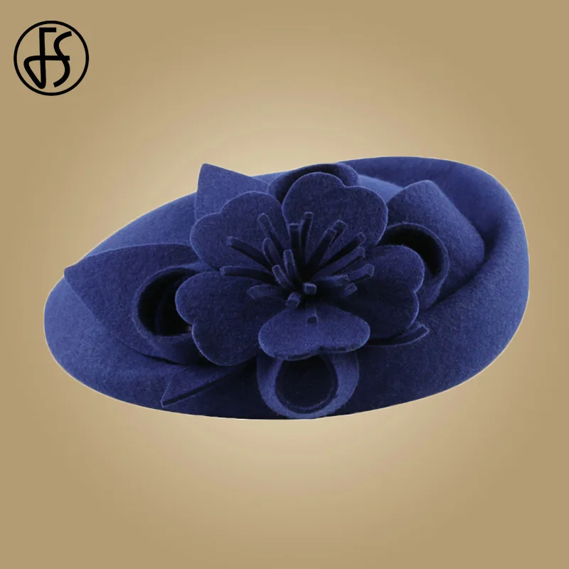 

FS Fascinators For Women Elegant Wool Felt Hats Navy Blue Black Pillbox Hat Ladies Wedding Floral Formal Cocktail Church Fedoras