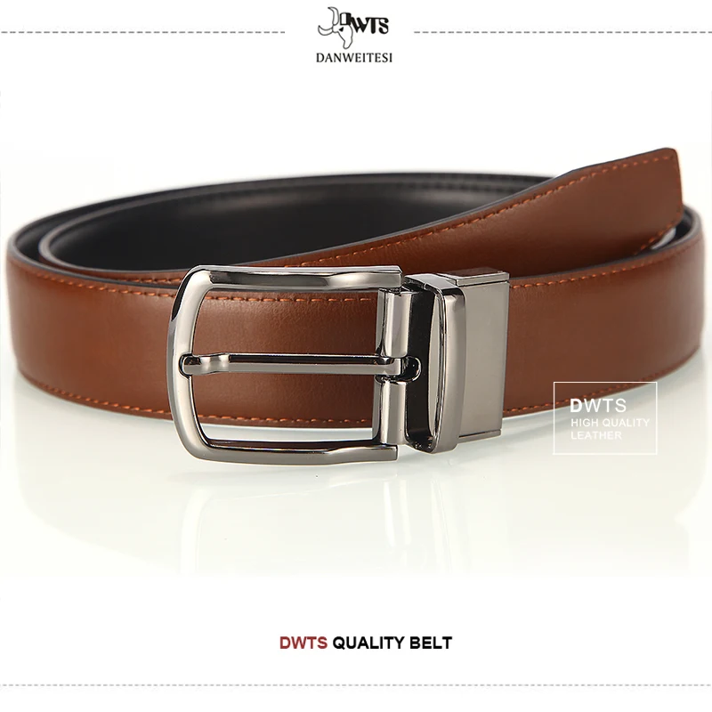 DWTS-Cinturón reversible de cuero genuino para hombre, correa de cuero genuino, informal, hebilla giratoria