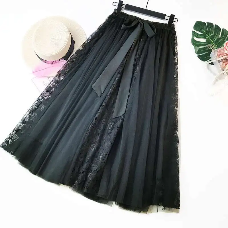 

Mesh Skirts Elegant Bow Patchwork Hollow Out Ball Gown Pleated Skirts Fashion High Waist Lace Long Women Skirt 2019 New J1
