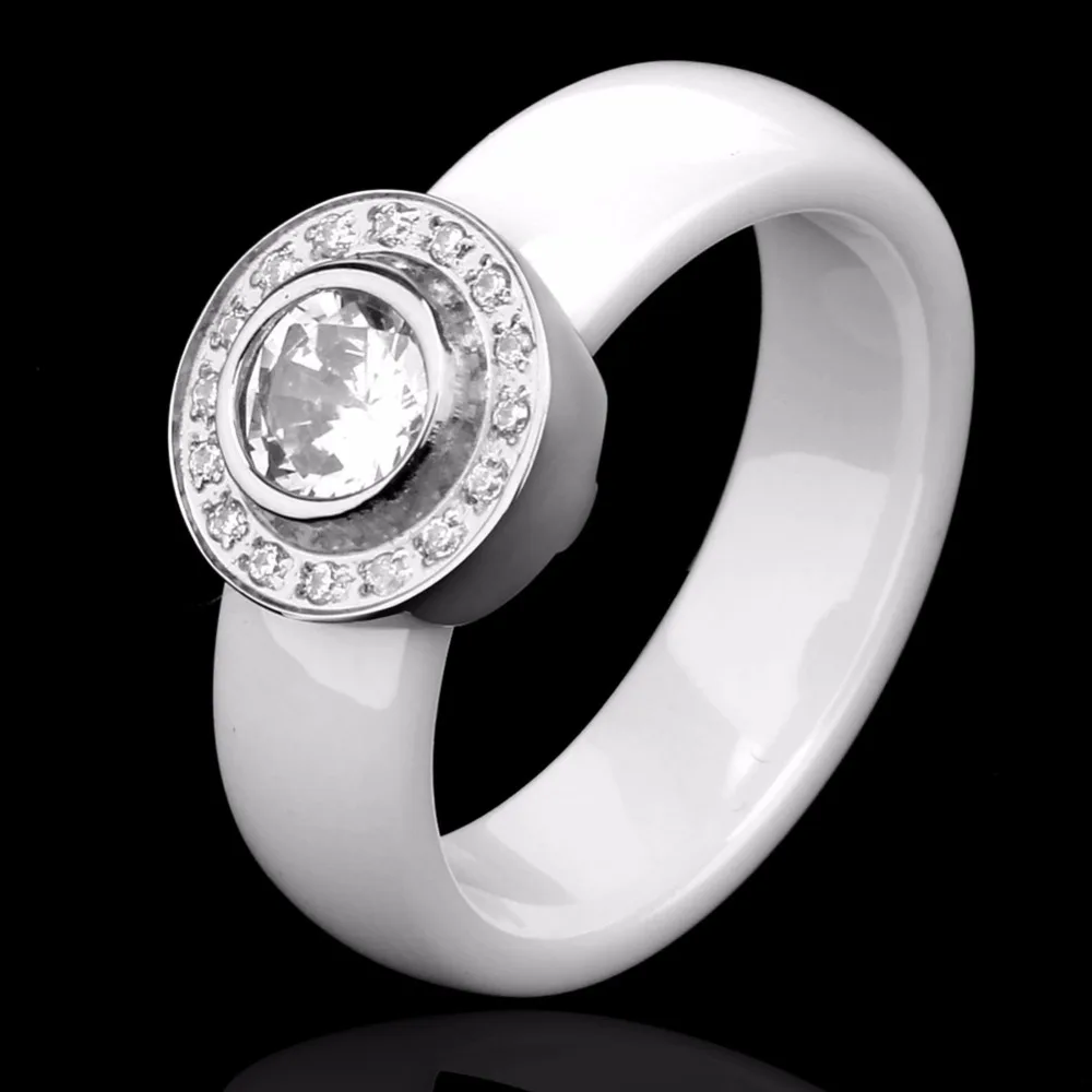 Женское кольцо из керамики белое обручальное с большим кристаллом 6 мм|crystal wedding