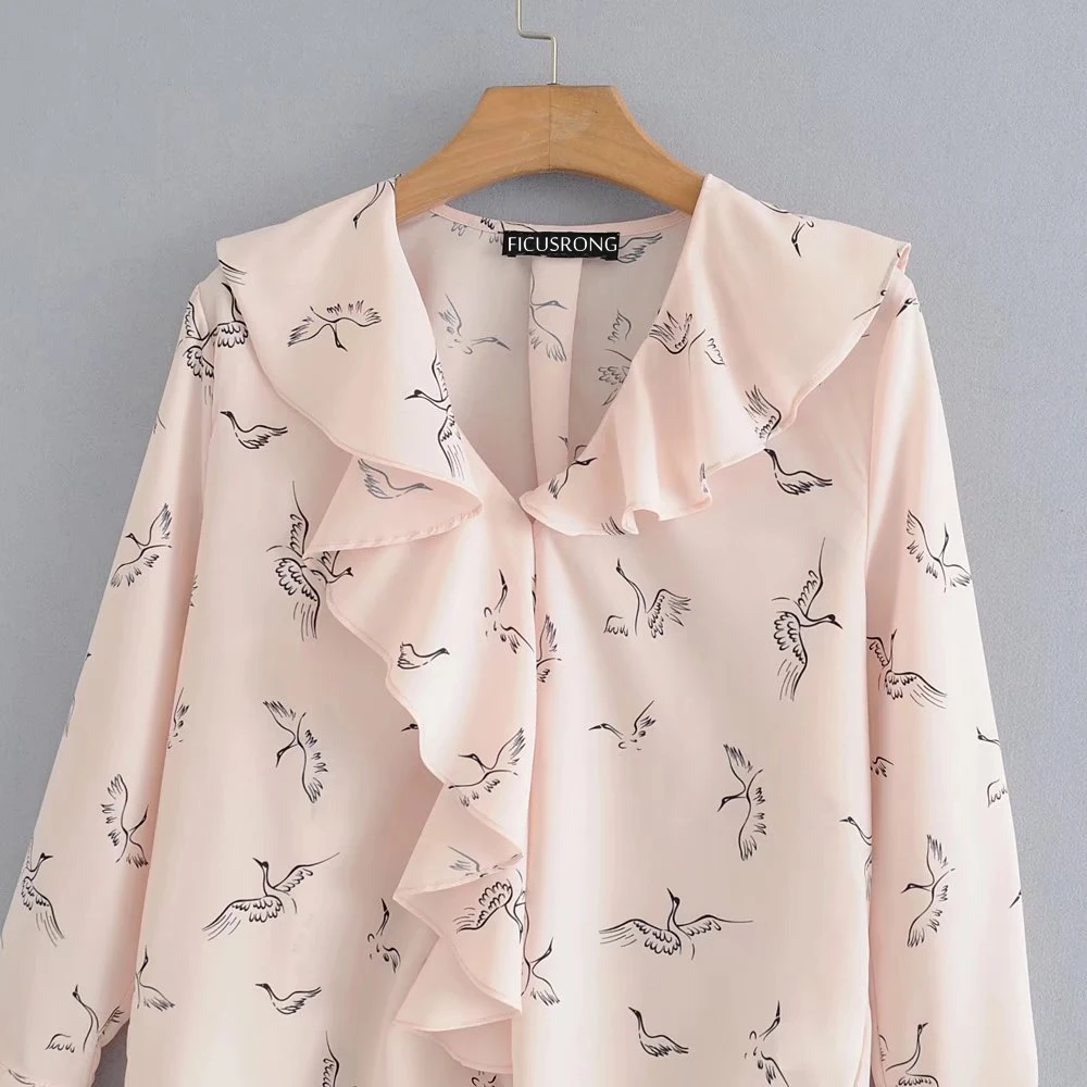 Женская блузка с длинным рукавом Повседневная розовая принтом оборками |