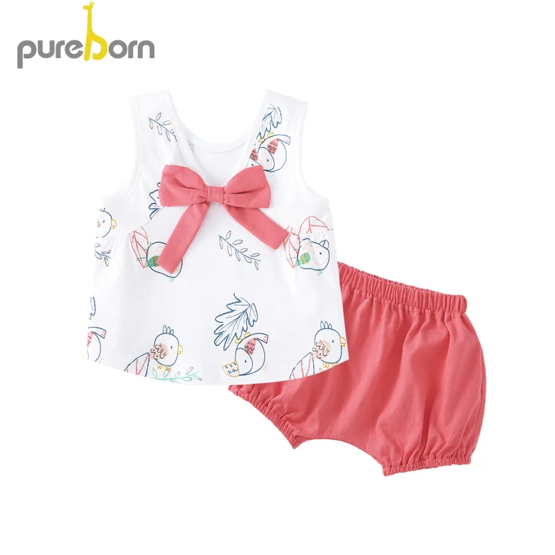 Pink suit Pureborn/жилет для маленьких девочек+ шорты; комплект из 2 предметов; повседневный комплект одежды без рукавов с цветочным принтом и бантом; Детская летняя одежда для девочек; костюмы - Цвет: Pink suit