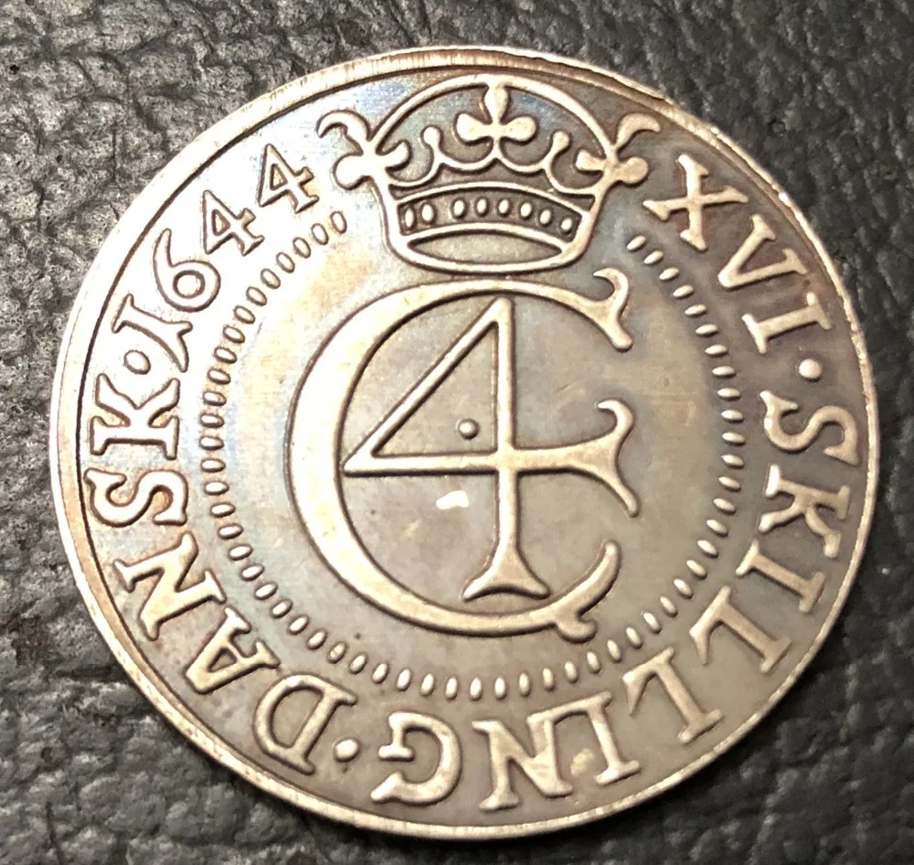 1644 Дания 16 Skilling Dansk-Christian IV Hebraermon Посеребренная копия монеты