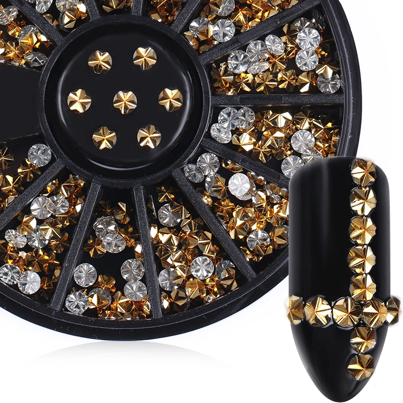 1 Box Gold Flower Nail Rhinestone 3mm Round Flat Bottom Beads 3D Art Decoration in Wheel DIY Design | Красота и здоровье