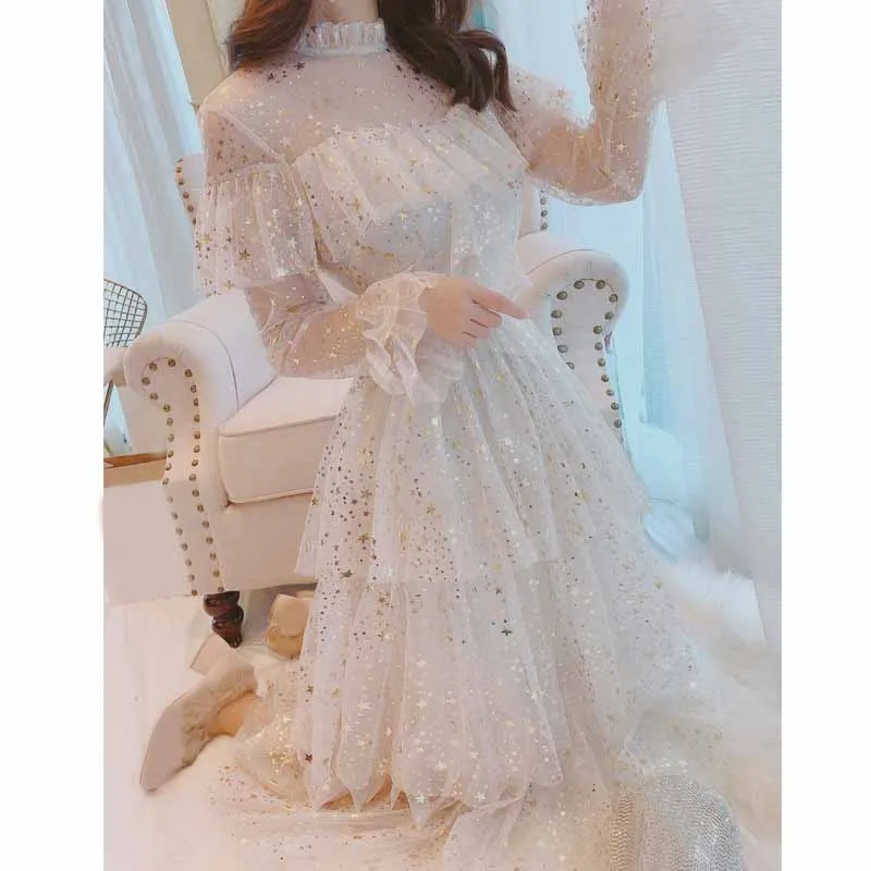 Fashion Women Solid Color Mesh Cake Dress Elegant Flare Sleeve Sweet Star Sequins Ruffles Midi | Женская одежда