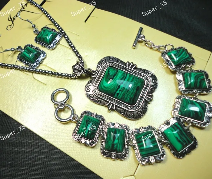 10 наборов Топ прямоугольник Малахитовый камень браслет серьги ожерелье 3 в 1