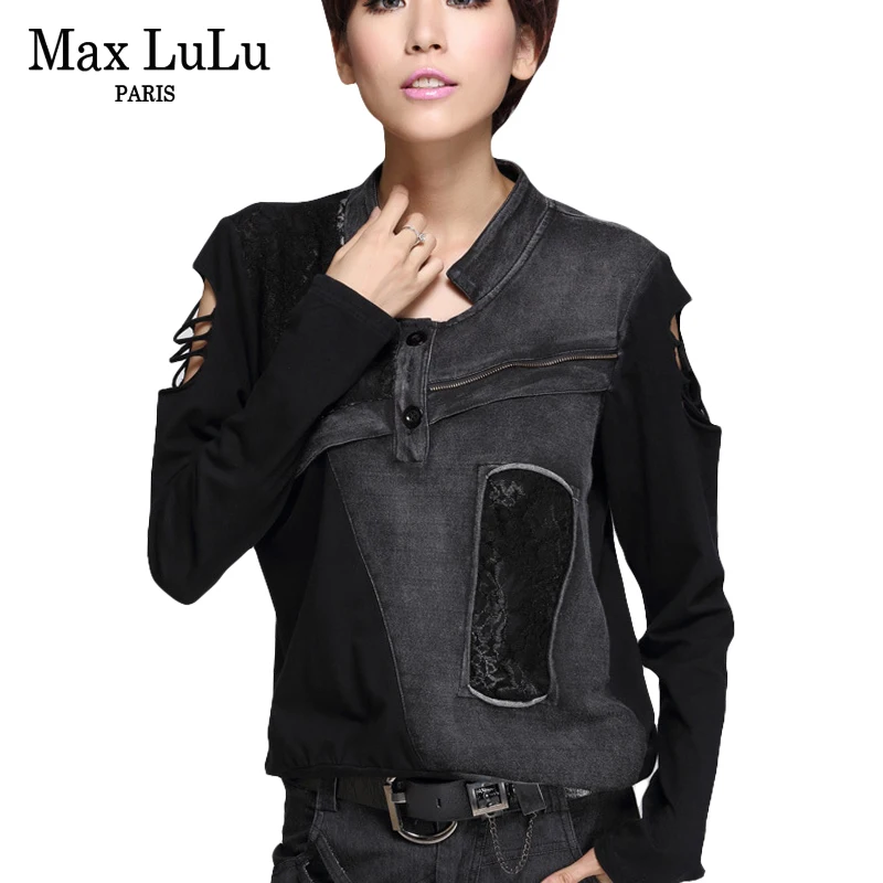 black Max LuLu, роскошные корейские брендовые сексуальные джинсы для девушек, Обрезанные топы, футболки, женские футболки со стоячим воротником, кружевные женские футболки в стиле панк, Bts - Цвет: black