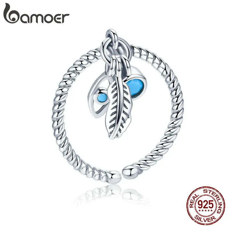 BAMOER Genuine 925 Sterling Silver Bohemian Feathers Vintage Styles Open Size Rings for Women Sterling Silver Jewelry SCR431