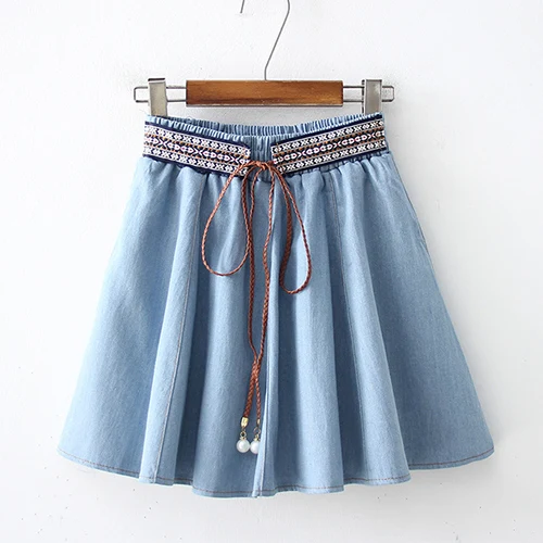 light blue Surmiitro, мини джинсовые летние шорты с жемчугом, юбка для женщин, весна, Инди фолк, высокая талия, джинсовая юбка для женщин, а-силуэт, солнце, синяя юбка - Цвет: light blue