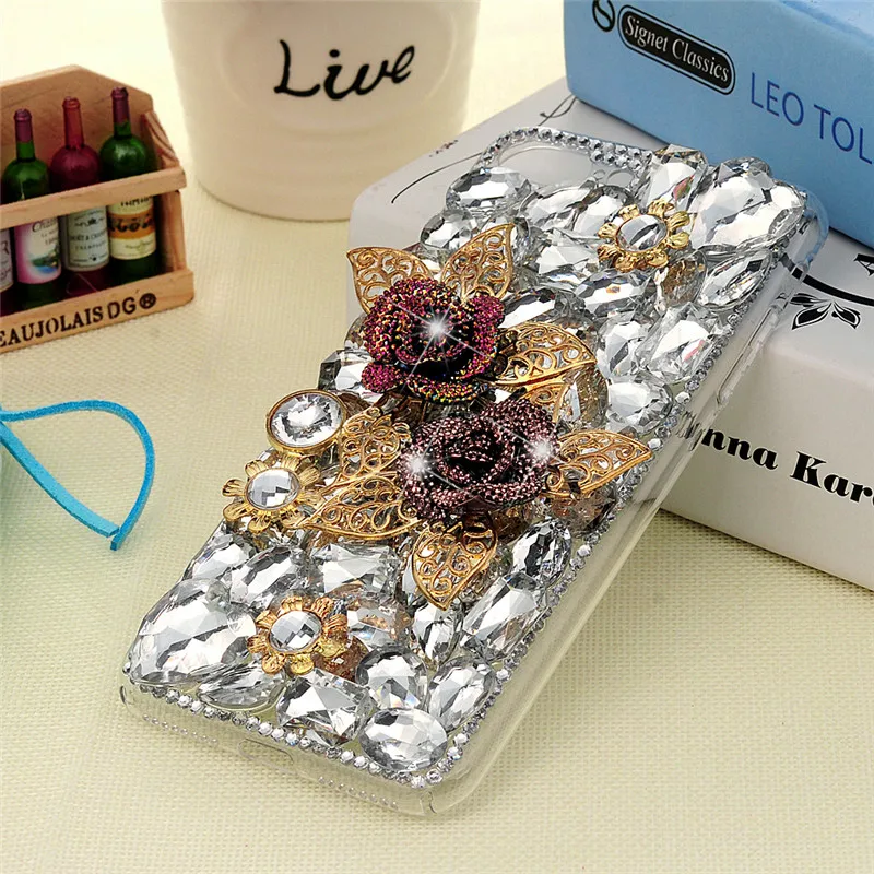 3D горный хрусталь чехол для iPhone X 6 S 7 8 плюс Золотая Роза Листья Bling С кристалалми и