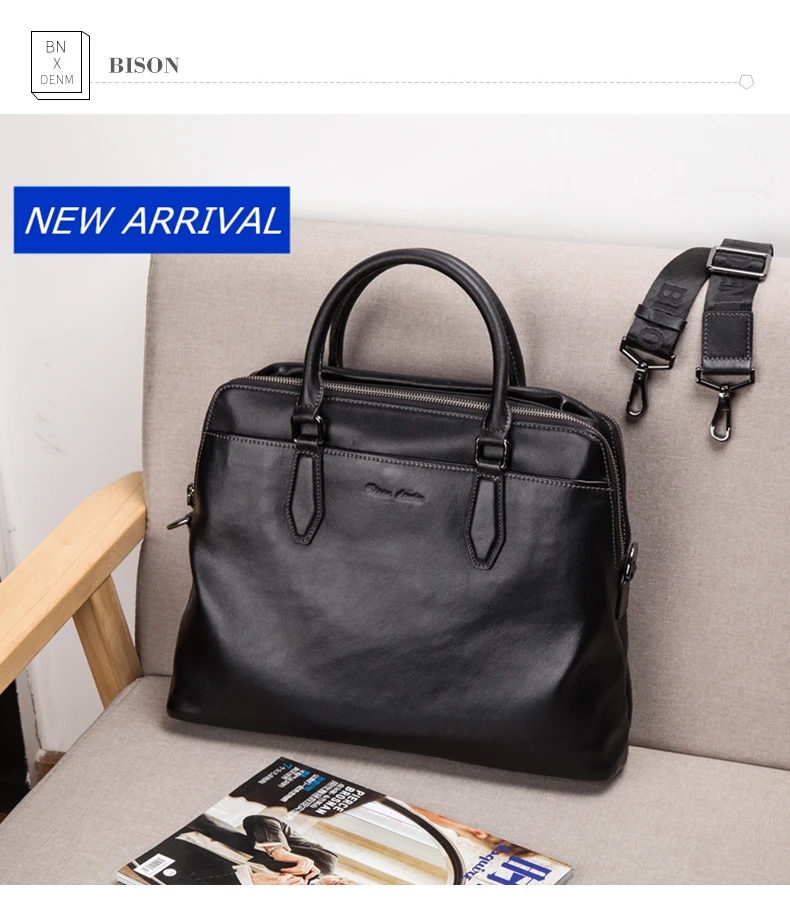 Бренд BISON DENIM, мужские портфели, натуральная кожа, 15 дюймов, сумки через плечо для ноутбука, бизнес, большая емкость, для путешествий, мужская сумка N2607
