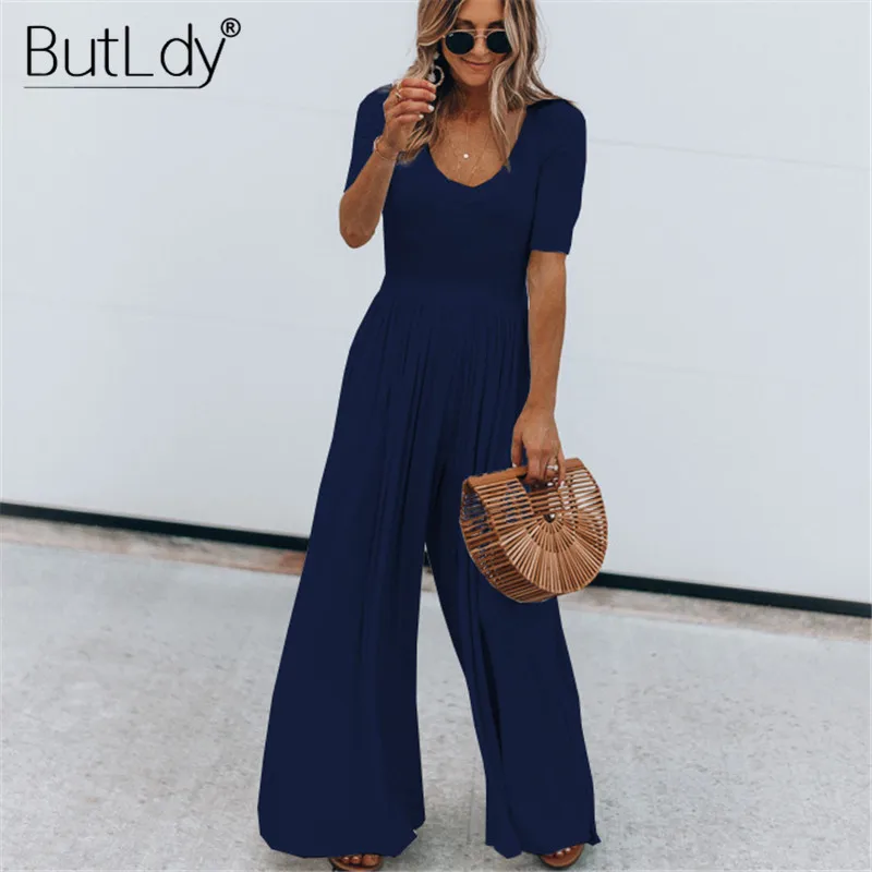 Navy Blue Широкие штаны длинный комбинезон женский короткий рукав модный плиссированный Летний комбинезон-Песочник Свободный комбинезон повседневный комбинезон - Цвет: Navy Blue