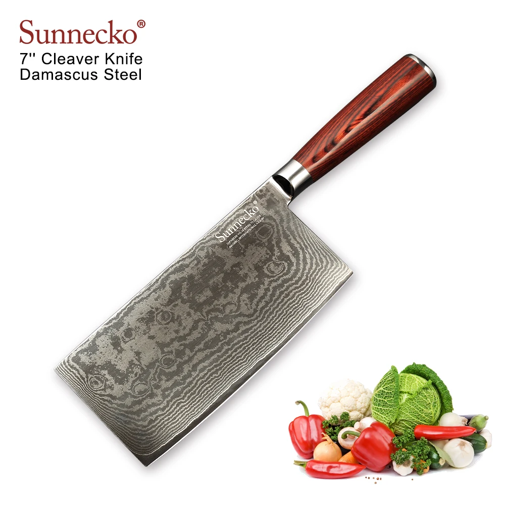 Нож Кливер SUNNECKO VG10 японский из дамасской стали с лезвием 7 дюймов и деревянной