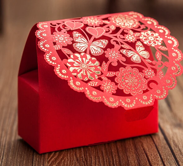 

Red Gift Bag Flower Butterfly Elegant Luxury Laser Cut Party Sweet Favors Wedding Decoration Paper Candy Box For Guest