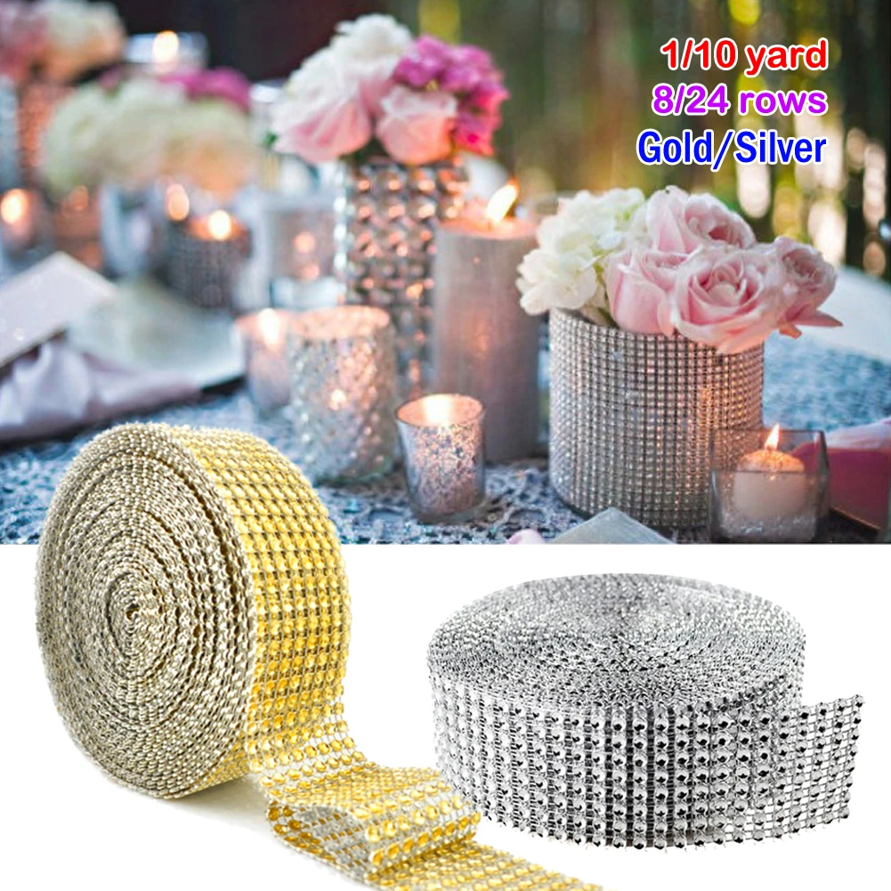 1 yard Bling Diamond mesh Wrap ribbon silver Rhinestone Mesh Roll Tape Tulle Crystal Ribbon cake wedding Christmas decoration | Дом и сад