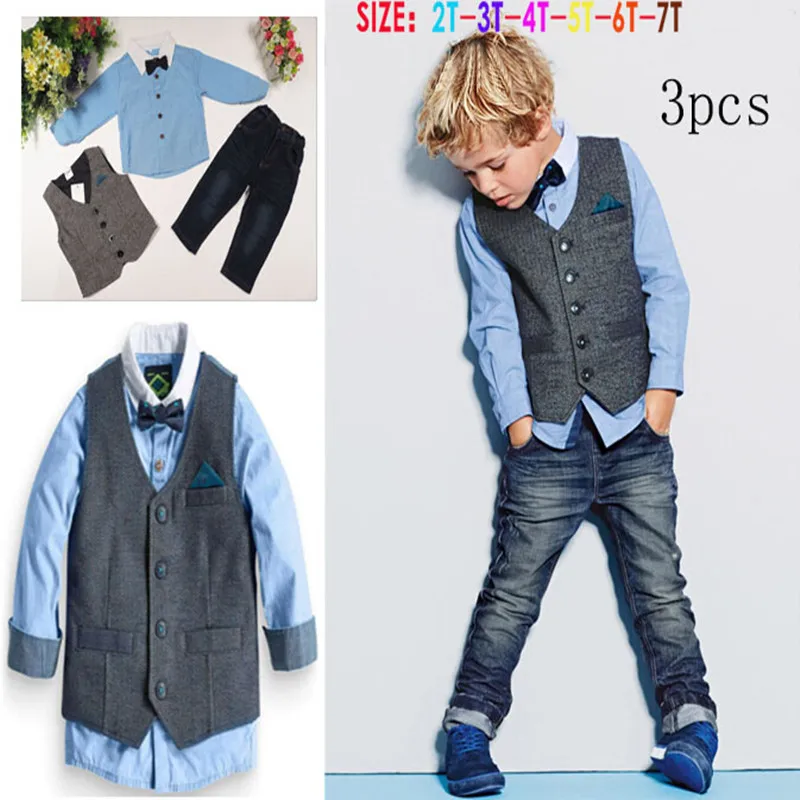 children boys fashion gentleman suits 3pcs turndown collar shirt+jeans+vest outwear clothing set for kids boy high quality | Детская