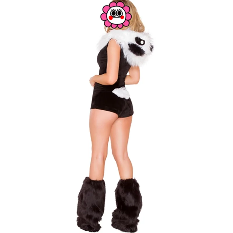 

Newest Deluxe Strapless Romper Black and White Matching Fur Leg Warmers Woman Fancy panda Costume animal Carnival Costumes