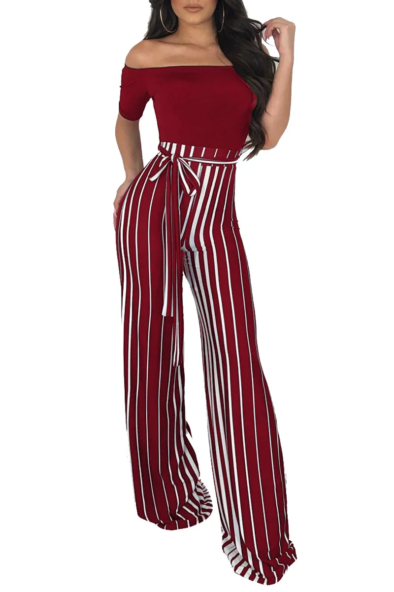 Slash Neck Short Sleeve Stripe Print Overalls Jumpsuits Outfit with Sashes Women Casual Sexy Fashion Bandage Straight Rompers | Женская