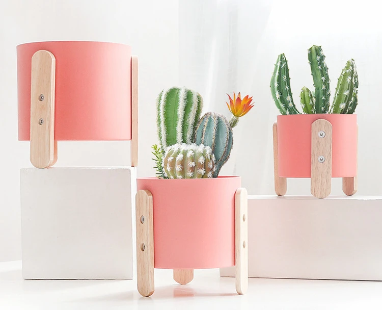 1pc Macaron Color Flowerpot Iron Planter Pot with Wooden Stand Home Decor Craft Green Plant Pot with Hole