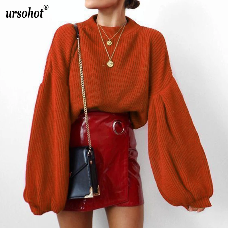 Ursohot Autumn Turtleneck Sweaters Women Invierno 2019 Loose Solid Knitted Pullover Lantern Sleeve Ladies Jumpers | Женская одежда