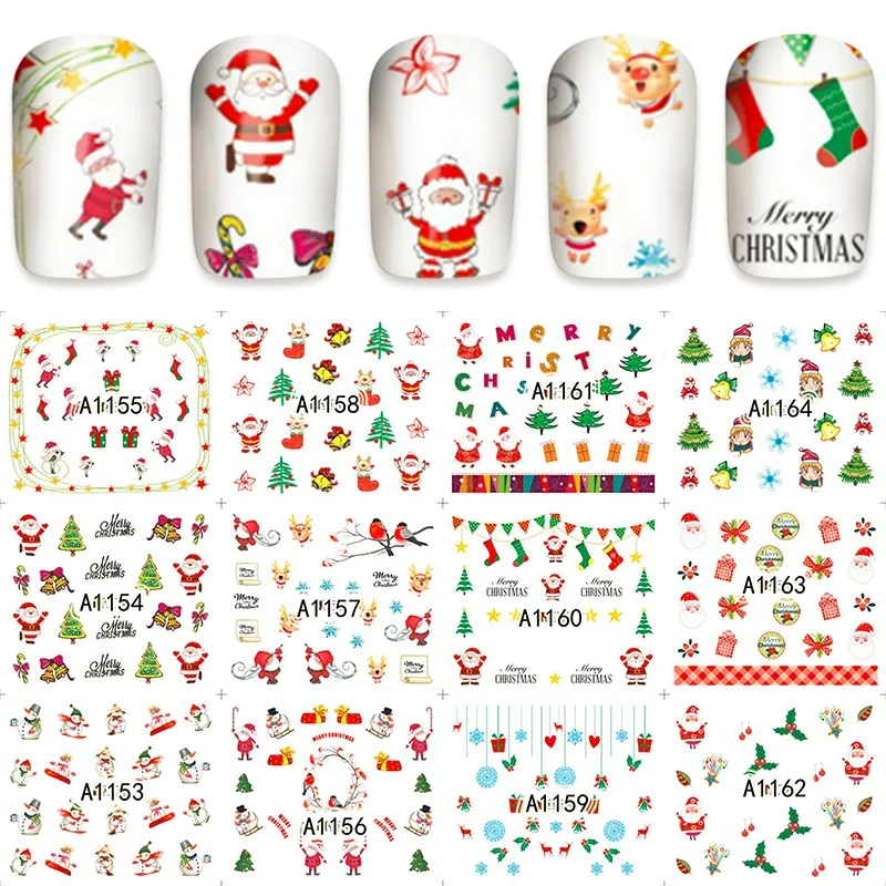 12 листов рождественские переводятся с помощью воды Nail Art Наклейки Стикеры s