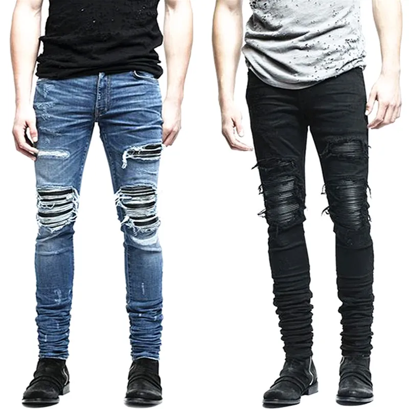 Фото Джинсы мужские зауженные на молнии, байкерские Брюки slim fit, винтажные рваные джинсы Джастина Бибера, синие №2