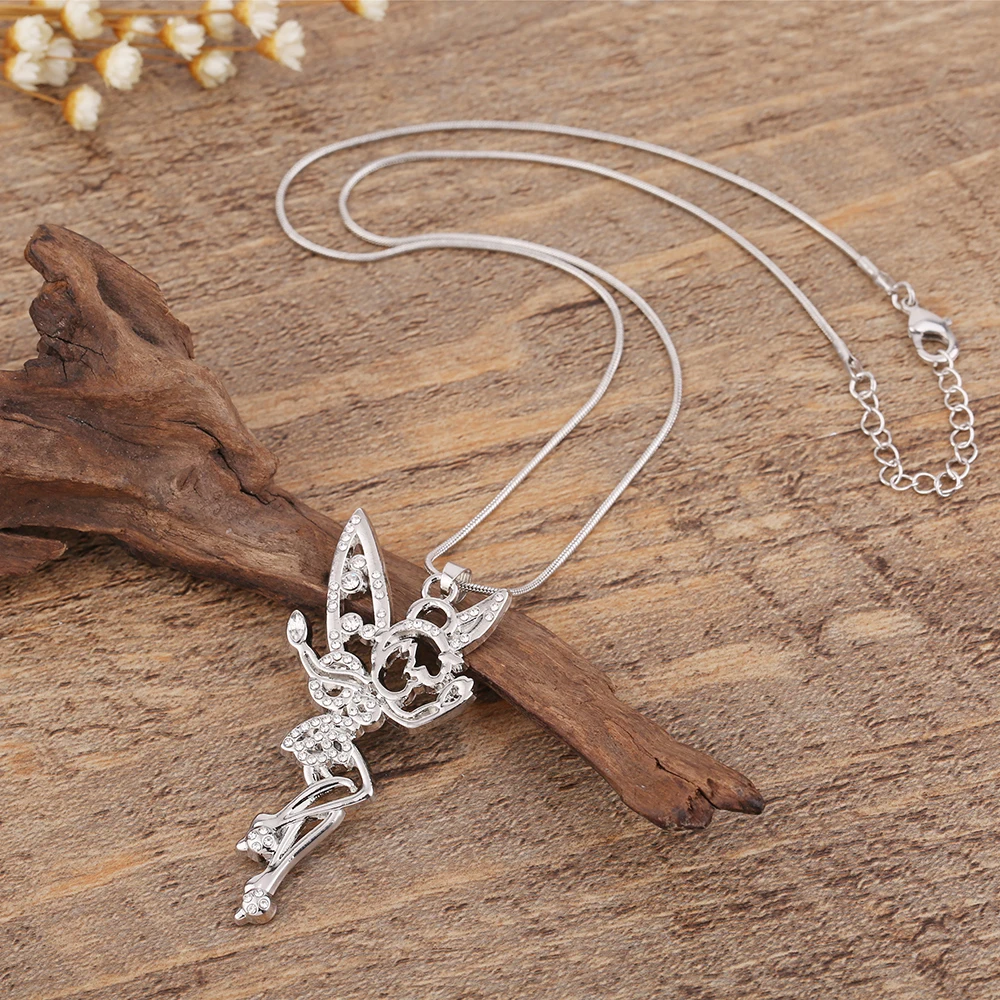 My shape Tinkerbell, сказочный ангел, ювелирные изделия, прозрачные стразы, ожерелье, хрустальные крылья, Посеребренная Подвеска для девочек-подростков и женщин