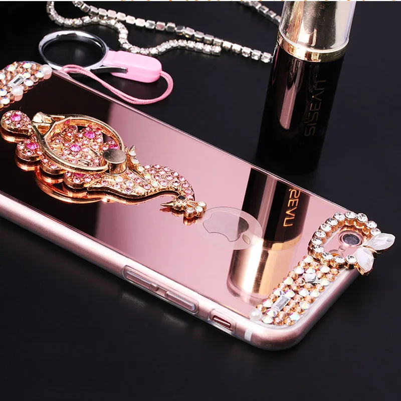 For iPhone 11 Pro XS Max XR X 8 7 6 6s Plus 5 5S SE Diamond Glitter Peacock Heart Finger Ring Holder Mirror Cover |