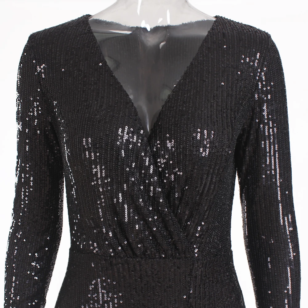 Full Sleeved V Neck Long Wrap Dress Black Striped Sequined Maxi Night Party Robe Split Front Elastic | Женская одежда