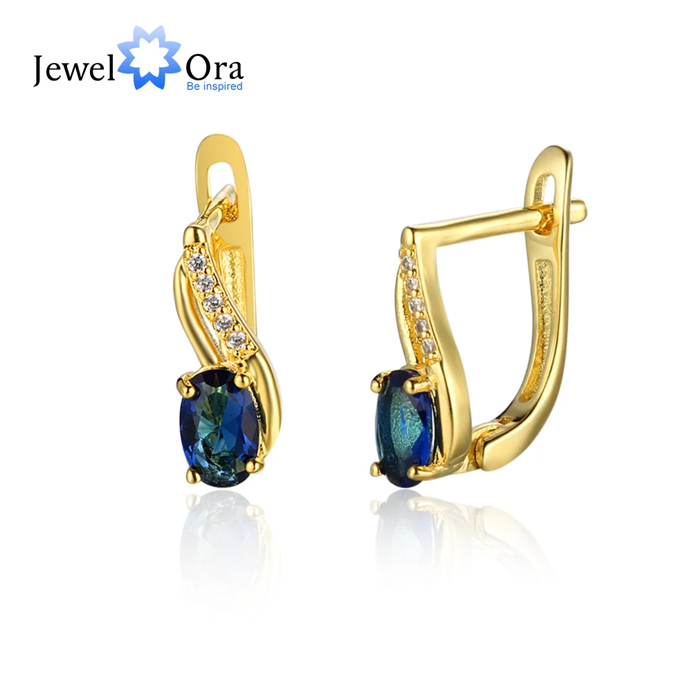 Синий камень с Стразы золотой цвет женский подарок (Jewelora EA103139)|Серьги-кольца| |