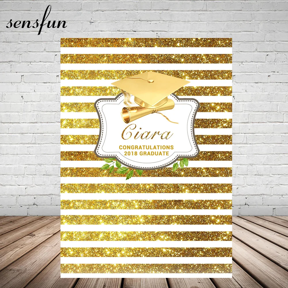 

Sensfun Gold Glitter And White Striped Graduation Backdrop Custom Name Backgrounds For Photo Studio 5x7FT Vinyl