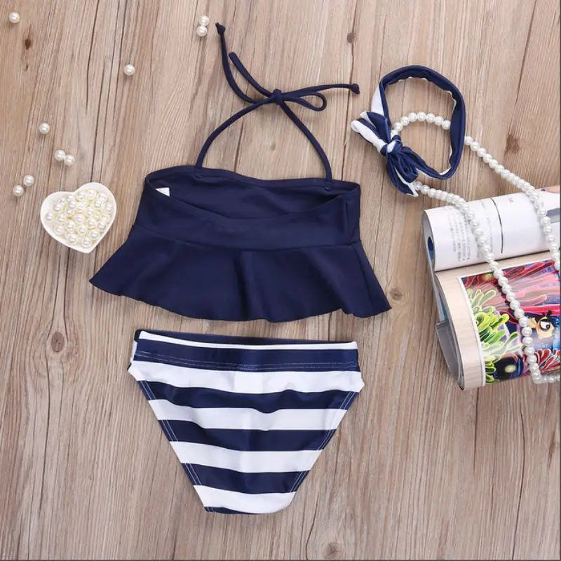 3Pcs Swim Suit Kids Baby Girls Bikini Set Outfits Navy Striped Headband Swimsuit Girl Swimwear Bathing Swimming Wear | Спорт и