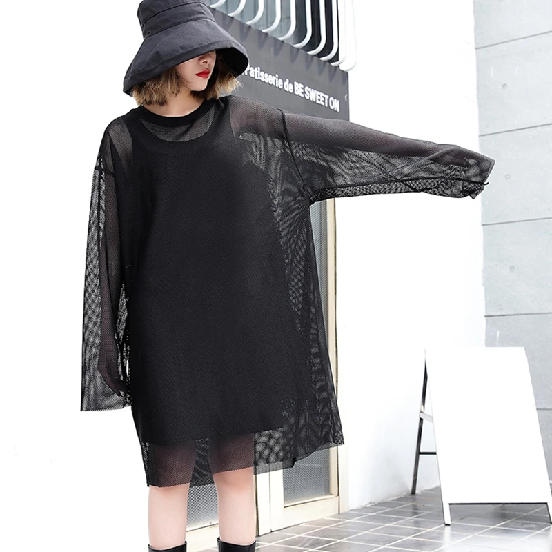 VGH 2018 New Summer Female T shirts For Women Top Long Sleeve Black Back Denim Split Joint Tassels Big Size shirt Fashion Tide | Женская