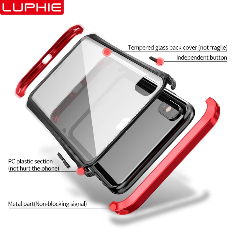 LUPHIE Luxury Glass Case For iPhone X XS Max XR Metal Bumper Clear Tempered Back Cover Transparent Cases |