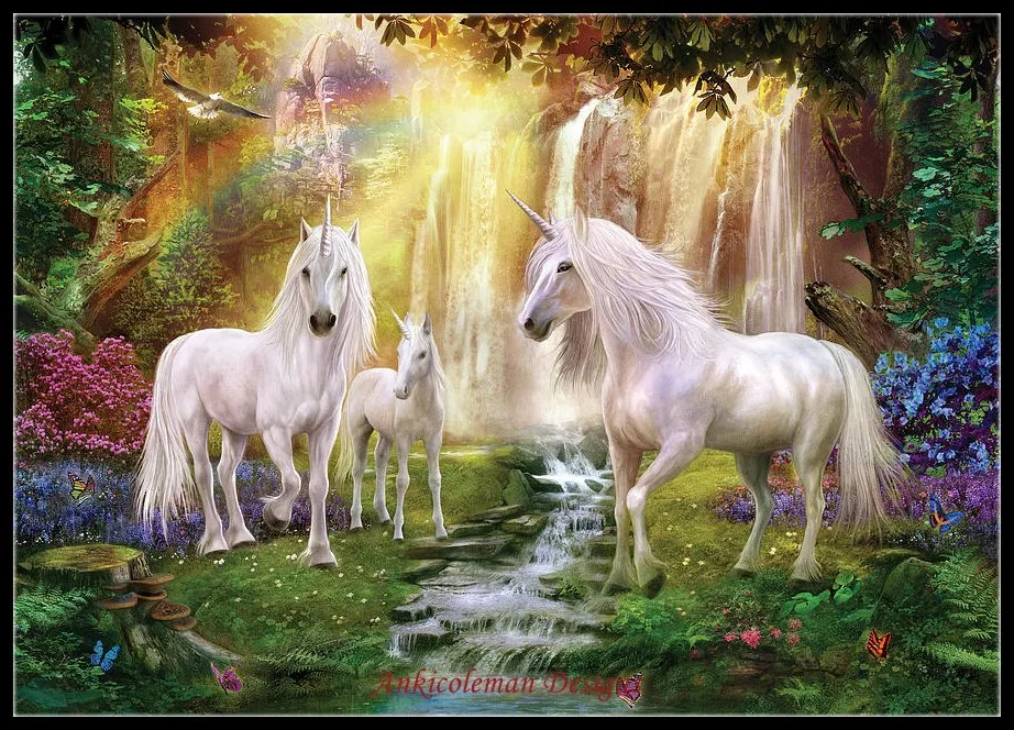 

Needlework for embroidery DIY French DMC High Quality - Counted Cross Stitch Kits 14 ct Oil painting - Unicorns at Waterfall