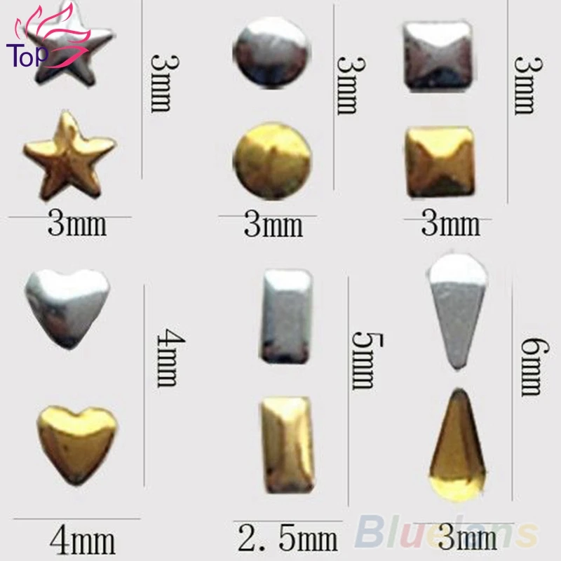 Прямоугольная коробка глянцевый золотистый Серебристый 3D Ногти с заклепками