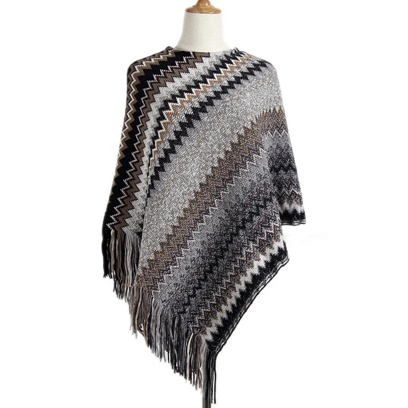 JuneLove 2020 women autumn winter new tribal ethnic knitted pullovers poncho sweater Vintage khaki gary jumper outwears | Женская одежда