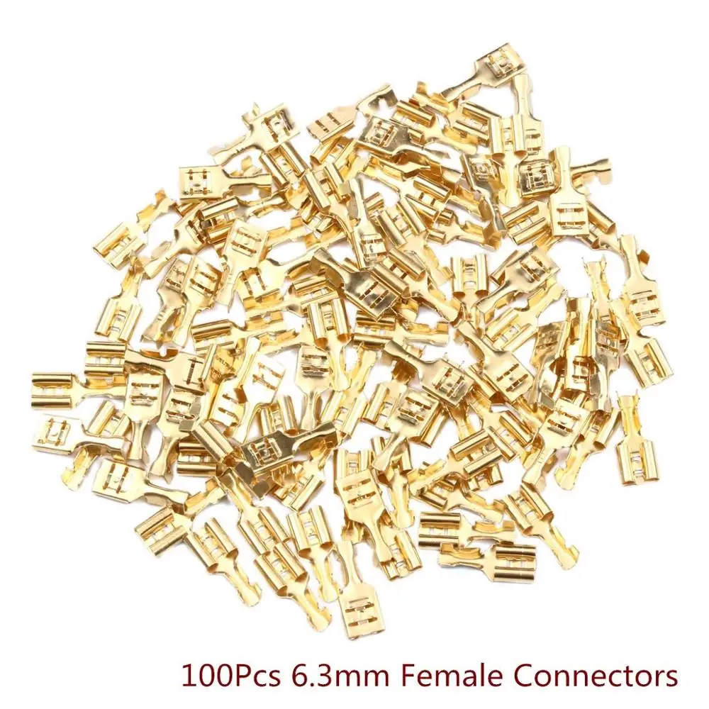 6.3mm Gold 100 шт./компл. 4,8/6,3 мм Женский обжимных клемм соединитель золотистыми латунными зубцами/серебристый автомобиль Динамик электрические соединители проводов Набор - Цвет: 6.3mm Gold