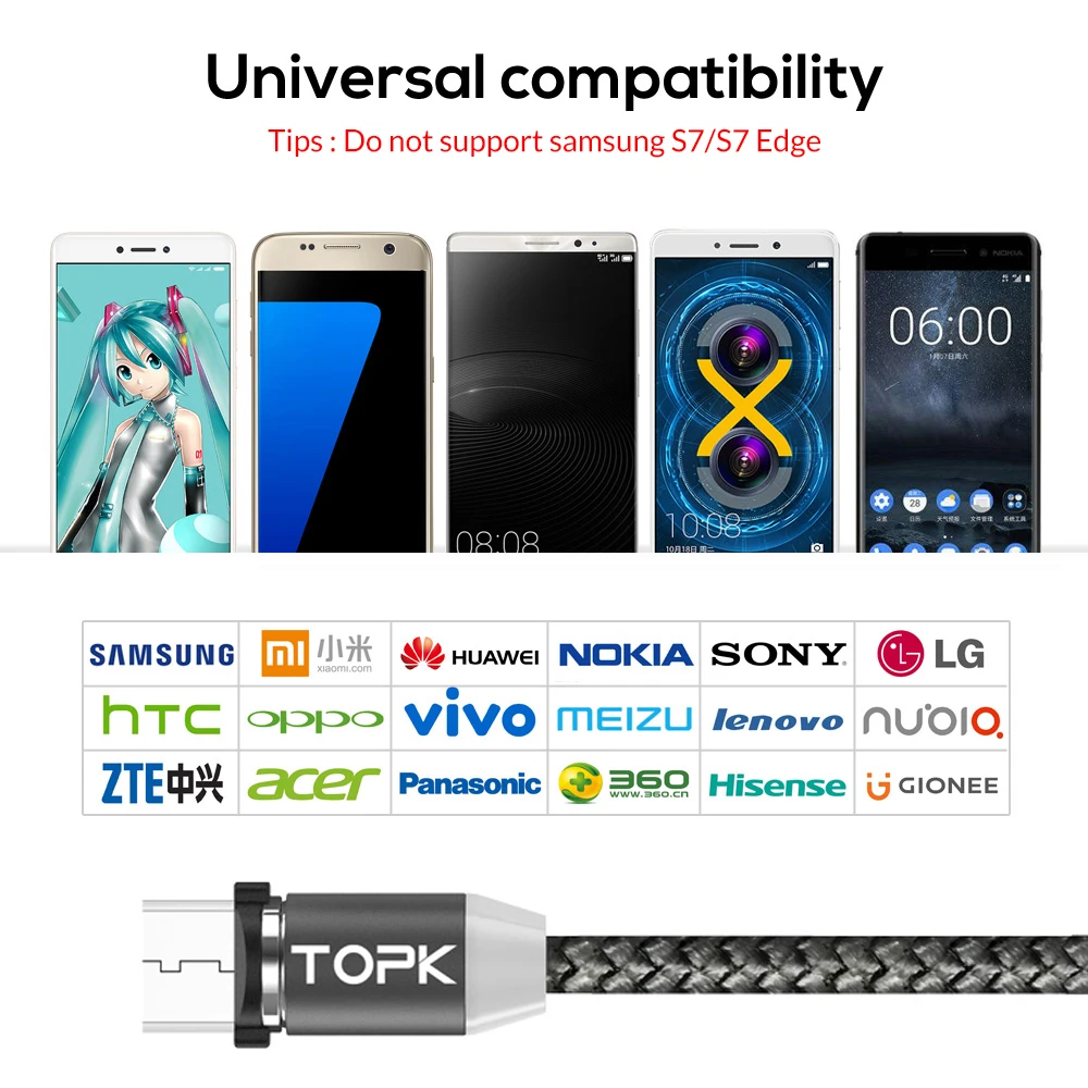TOPK [10-Pack] светодиодный магнитный кабель Micro USB для Xiaomi Redmi Note 5 Pro Samsung Galaxy S7 edge