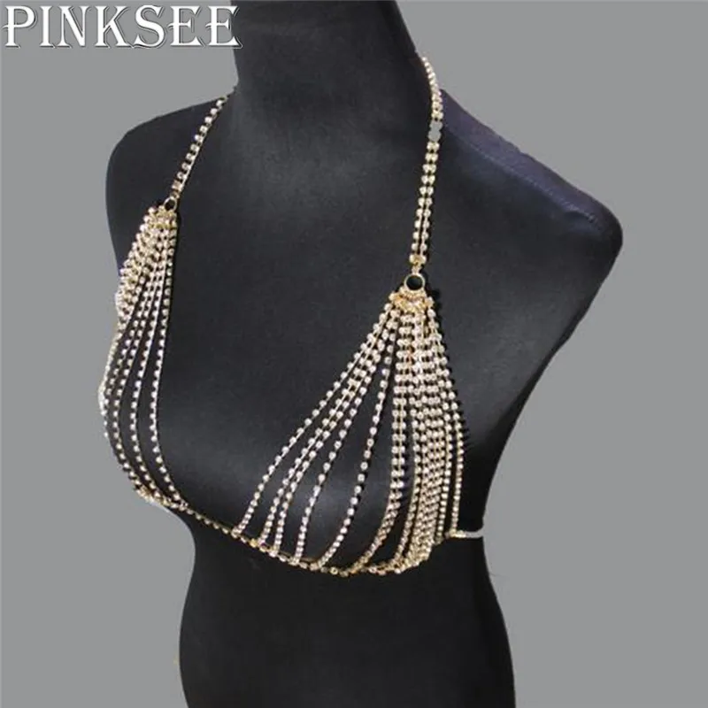 Цепочка для тела PINKSEE Стразы с кисточками сексуальные пляжные золотистые