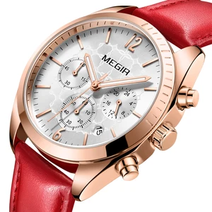 Часы MEGIR женские, кварцевые с ремешком из Красной кожи, розовое золото, 2018
