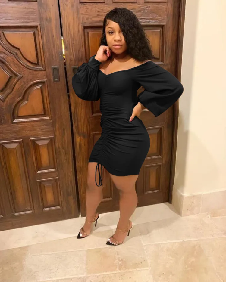 Fashion Draped Sexy Mini Dress Spring Solid Bodycon Bandage Vestidos Femme LS6115 | Женская одежда
