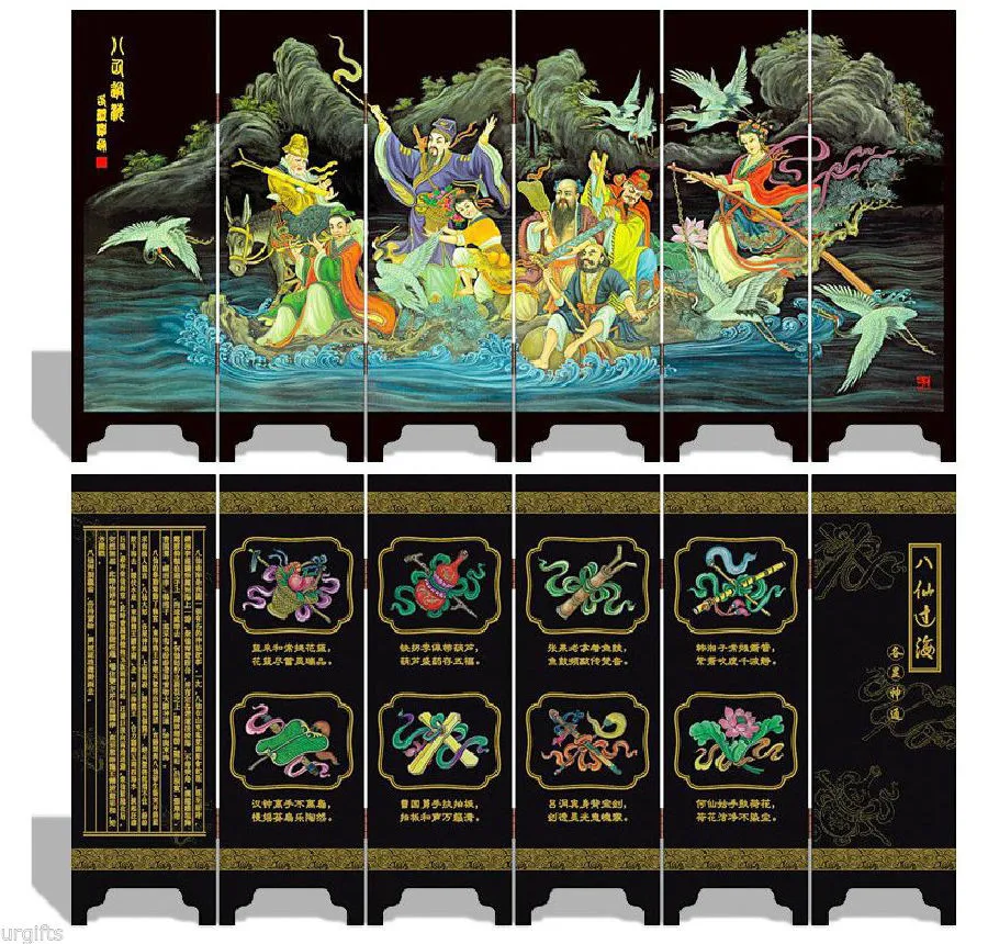 

Folding Screen 6 Panel Double Side Souvenir Eight Fairies Immortals Crossing Sea.