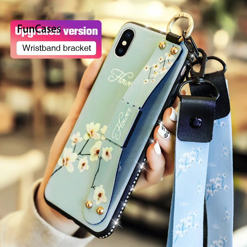 Case For iPhone XS Max X Silicone Flower Wrist Strap Soft Cover Apple XR Holder Stand Original | Мобильные телефоны и
