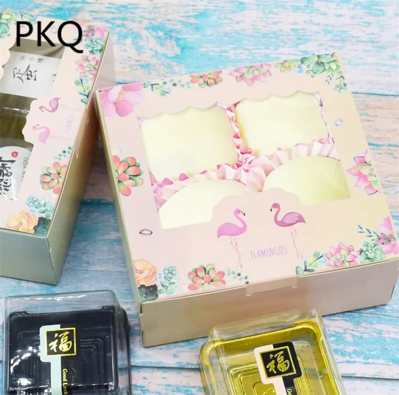 Любовь Фламинго шаблон Кекс картонная коробка с прозрачным ПВХ окном mooncake