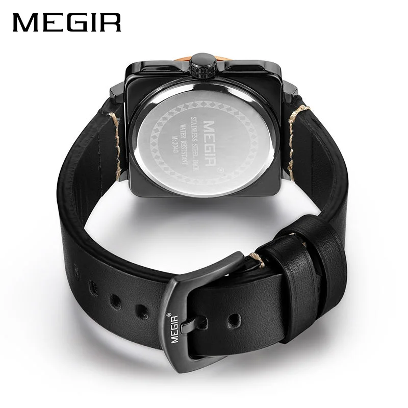 MEGIR спортивные мужские часы с кожаным ремешком квадратные Relogio Masculino Мужские