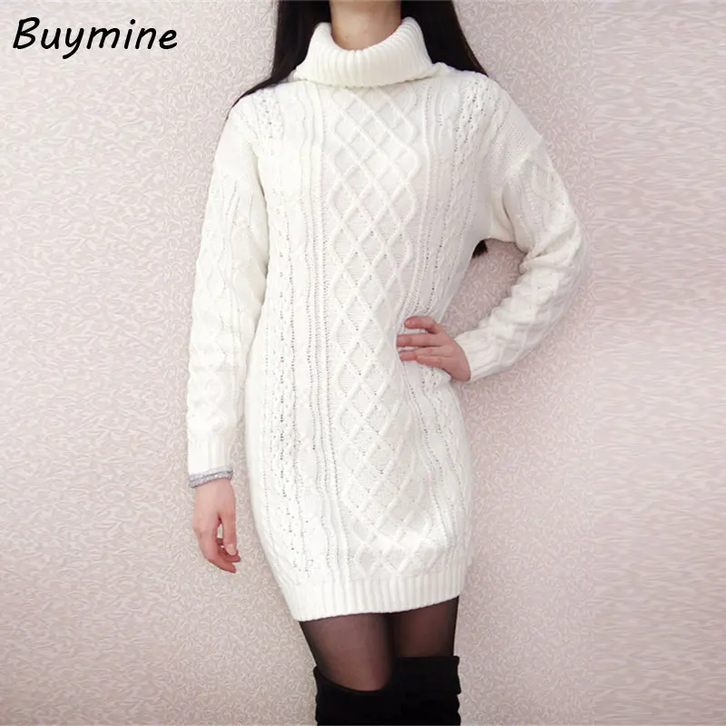 Knitted Winter Warm Dress 2017 Women Turtleneck Sweater White Dresses With Long Sleeve | Женская одежда