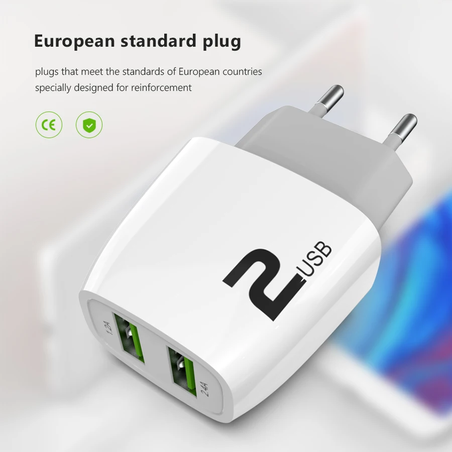 Usb зарядное устройство для путешествий ЕС штекер 2.4a адаптер быстрой зарядки портативное двойное Сетевое зарядное устройство кабель для мобильного телефона для iphone samsung xiaomi